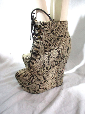 JEFFREY CAMPBELL DAMSEL BROCADE Y PLATFORM Wedge High Heel Shoe Boot 8.5