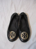 Womens TORY BURCH REVA Leather Ballet Flats Slip On Shoes 7.5 BLACK Signature