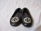Womens TORY BURCH REVA Leather Ballet Flats Slip On Shoes 7.5 BLACK Signature