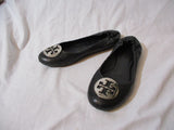 Womens TORY BURCH REVA Leather Ballet Flats Slip On Shoes 7.5 BLACK Signature