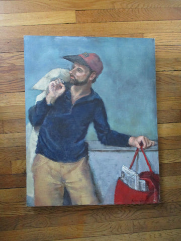 Vintage Original PAPERBOY NEWSPAPER DELIVERY Man Signed ART PAINTING