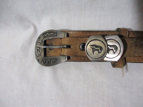 DOS AMIGOS STERLING SILVER FETISH BEAR Tanned Braided Leather Belt MEXICO 40/100
