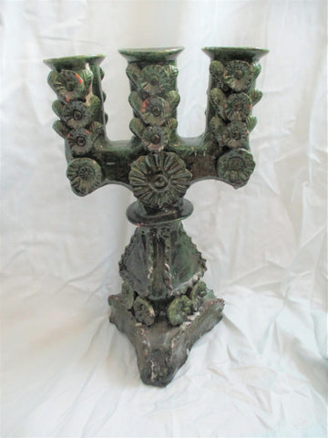 Set 2 Ceramic Handmade ARTS & CRAFTS Candelabra Candle Holder Candlestick GREEN