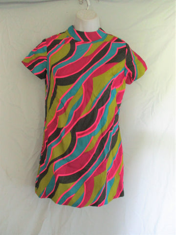 Handmade Vintage Psychedelic 1960s 1970s Swirly Shift Mini Dress S