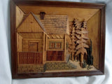 Vtg Carved Wood Diorama Picture Handmade Inlaid Folk Art HOUSE HOME LODGE TREE