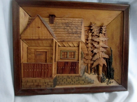 Vtg Carved Wood Diorama Picture Handmade Inlaid Folk Art HOUSE HOME LODGE TREE