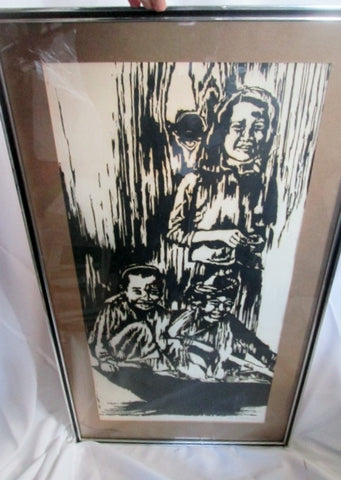 Vintage THREE ON A RIVER ALIX B. LANDMAN Framed Print ART WOODCUT BOAT CHILD