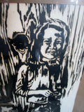 Vintage THREE ON A RIVER ALIX B. LANDMAN Framed Print ART WOODCUT BOAT CHILD