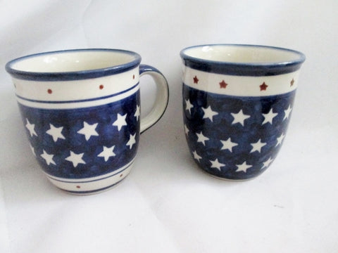 Set 2 Boleslawiec polish pottery MUG CUP RED WHITE BLUE Star Patriotic POLAND