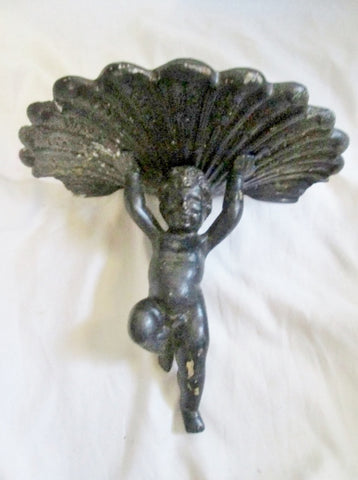 Vtg ANTIQUE 9" Metal Iron WALL SCONCE Cherub Baby Nouveau Deco Angel BLACK