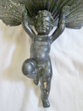 Vtg ANTIQUE 9" Metal Iron WALL SCONCE Cherub Baby Nouveau Deco Angel BLACK