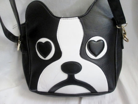 Vegan BULLDOG DOG PUP Hobo Shoulder Bag Crossbody Purse BLACK WHITE