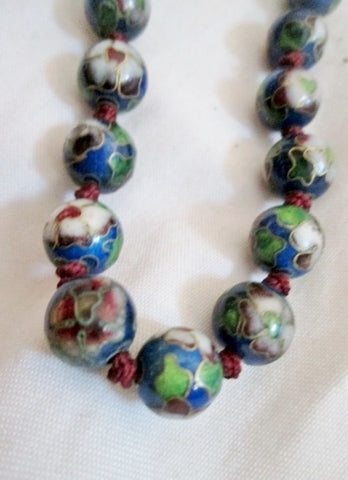 23" Handmade Knot CLOISSONNE Enamel Glass Bead Necklace BLUE FLORAL Statement China