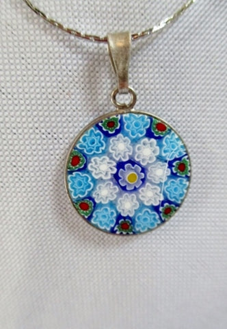 Sterling Silver Millefiori MURANO ITALY Venetian Glass BLUE NECKLACE FLOWER Pendant