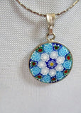 Sterling Silver Millefiori MURANO ITALY Venetian Glass BLUE NECKLACE FLOWER Pendant