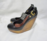 NEW NWT BURBERRY Leather PLATFORM WEDGE WOOD Shoe 36 6 BLACK