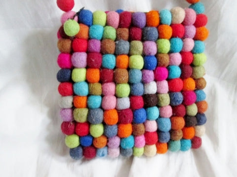Handmade Boiled Wool Vegan POM POM Crossbody Shoulder Bag COLORFUL Multi-Color
