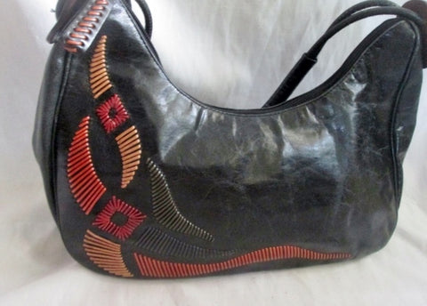 SABRINA SCALA Leather Stitch Hobo Shoulder Bag Satchel Purse BLACK Hippie BROWN