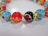 Millefiori MURANO ITALY Beaded Venetian Glass Drop Bracelet Cuff FLOWER Blue Black