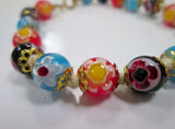 Millefiori MURANO ITALY Beaded Venetian Glass Drop Bracelet Cuff FLOWER Blue Black