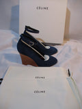 NEW CELINE PARIS PUMP WEDGE High Heel Shoe 37 PETROL BLUE Suede