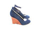NEW CELINE PARIS PUMP WEDGE High Heel Shoe 37 PETROL BLUE Suede