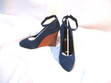 NEW CELINE PARIS PUMP WEDGE High Heel Shoe 37 PETROL BLUE Suede