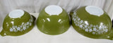 Vtg Set 3 PYREX OVEN WARE Nesting BOWL ATOMIC ERA OLIVE GREEN FLORAL
