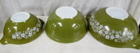 Vtg Set 3 PYREX OVEN WARE Nesting BOWL ATOMIC ERA OLIVE GREEN FLORAL