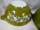 Vtg Set 3 PYREX OVEN WARE Nesting BOWL ATOMIC ERA OLIVE GREEN FLORAL