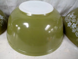 Vtg Set 3 PYREX OVEN WARE Nesting BOWL ATOMIC ERA OLIVE GREEN FLORAL