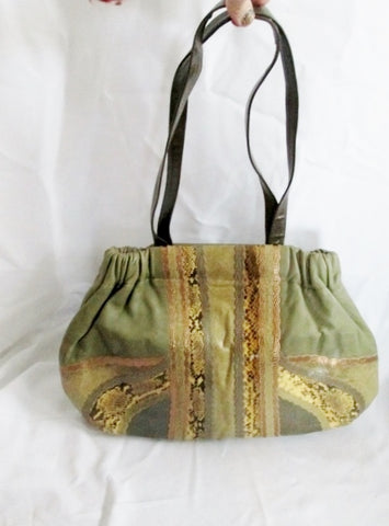 CARLOS FALCHI Leather Snakeskin Hobo Handbag Shoulder Bag Python Satchel GREEN MOSS