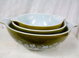Vtg Set 3 PYREX OVEN WARE Nesting BOWL ATOMIC ERA OLIVE GREEN FLORAL
