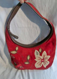 PRESTON & YORK Suede Leather Floral Patch Shoulder Bag Purse M RED WINE