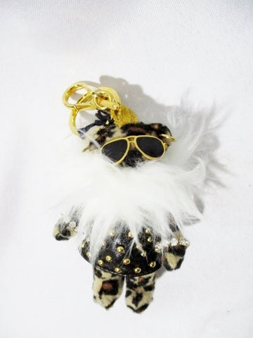 PRADA CHARM LEOPARD STUD Rhinestone Leather BEAR KEYRING Keychain Punk