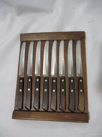 Vintage Set 8 Flint Stainless Steel Steak Knife Vanadium USA Wood Holder