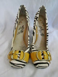Womens NAUGHTY MONKEY High Heel Shoes PUMPS 9 ZEBRA FUR BLACK WHITE YELLOW Leather