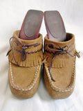 Womens FRYE 73800 LACEY Leather Clog High Heel Slip-On Mules Fringe 7 BROWN Shoe