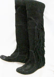 Womens GABRIELLI ITALY Suede Fringe Boots Moccasin Hippie BLACK Leather 6.5 37