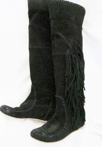 Womens GABRIELLI ITALY Suede Fringe Boots Moccasin Hippie BLACK Leather 6.5 37