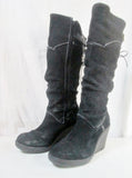 Womens LASSEN Suede Wedge Heel Boot Shoe Knee High Stitch BLACK 8