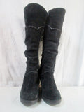 Womens LASSEN Suede Wedge Heel Boot Shoe Knee High Stitch BLACK 8