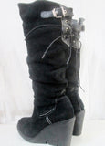 Womens LASSEN Suede Wedge Heel Boot Shoe Knee High Stitch BLACK 8