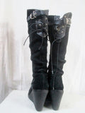 Womens LASSEN Suede Wedge Heel Boot Shoe Knee High Stitch BLACK 8