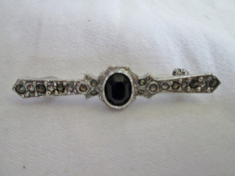 Vtg 1928 SILVER TIE STICK BROOCH PIN MARCASITE Noveau Deco Jewelry Black