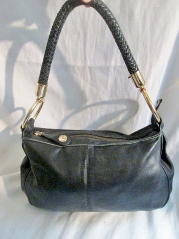 PERLINA NEW YORK Leather Shoulder Bag Handbag Satchel BLACK Hobo Braided Strap