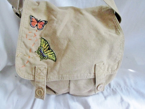 STEVE MADDEN Embroidered BUTTERFLY vegan messenger flap crossbody bag BEIGE M canvas