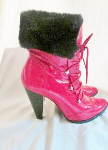 Womens TWO LIPS Vegan High Heel Ankle Boots BOOTIES 7 RED TOMATO Fur