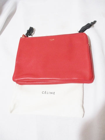 NEW CELINE PARIS Leather TRIO Clutch Bag Purse RED Pouch Wallet