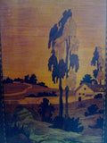 Vtg 1968 Signed "TWIN ELMS" Landscape Wood Marquetry Picture Handmade Inlaid Folk Art